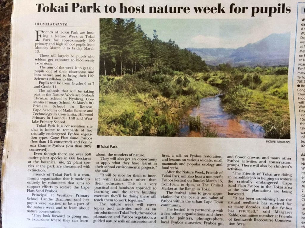 Tokai Park to host nature week for pupils, Constantiaberg Bulleting 27 February 2020